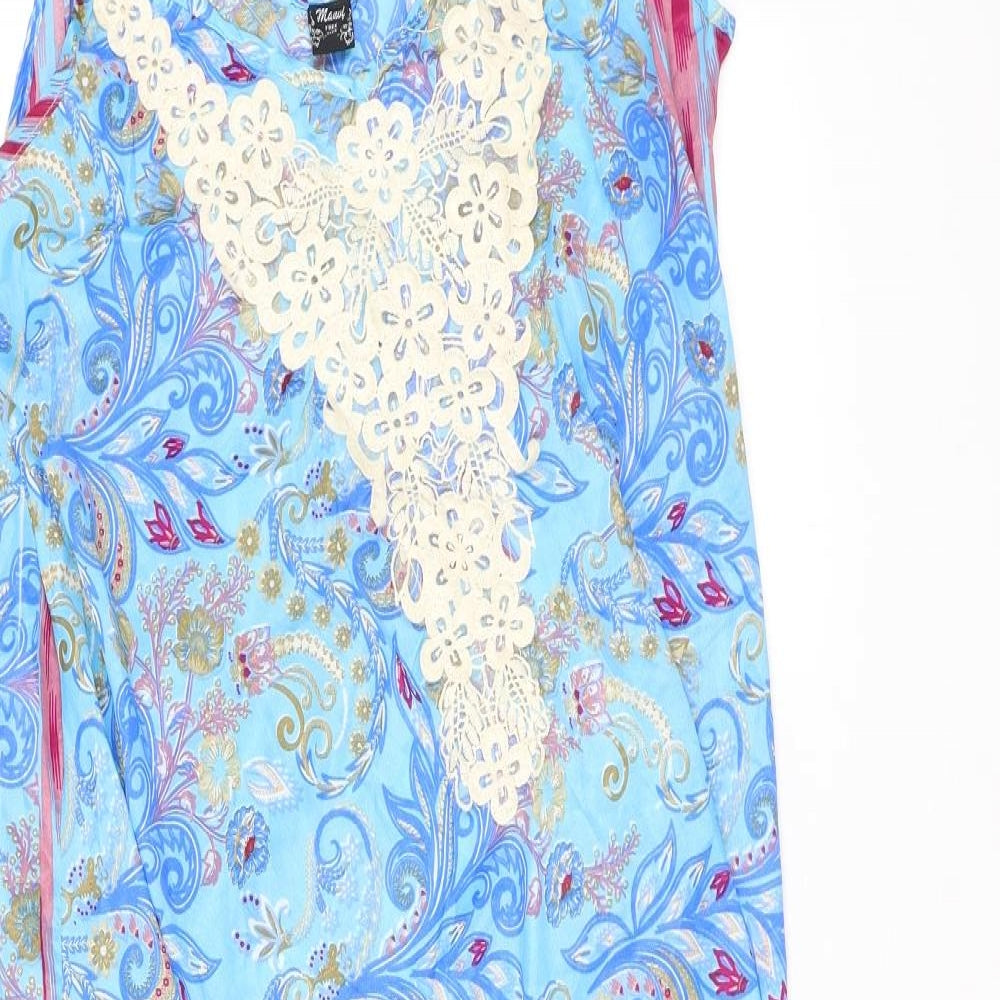 Manui Womens Blue Geometric Silk A-Line One Size Round Neck Pullover - Lace Details