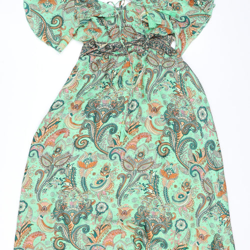 Manui Womens Green Geometric Silk A-Line One Size V-Neck Pullover