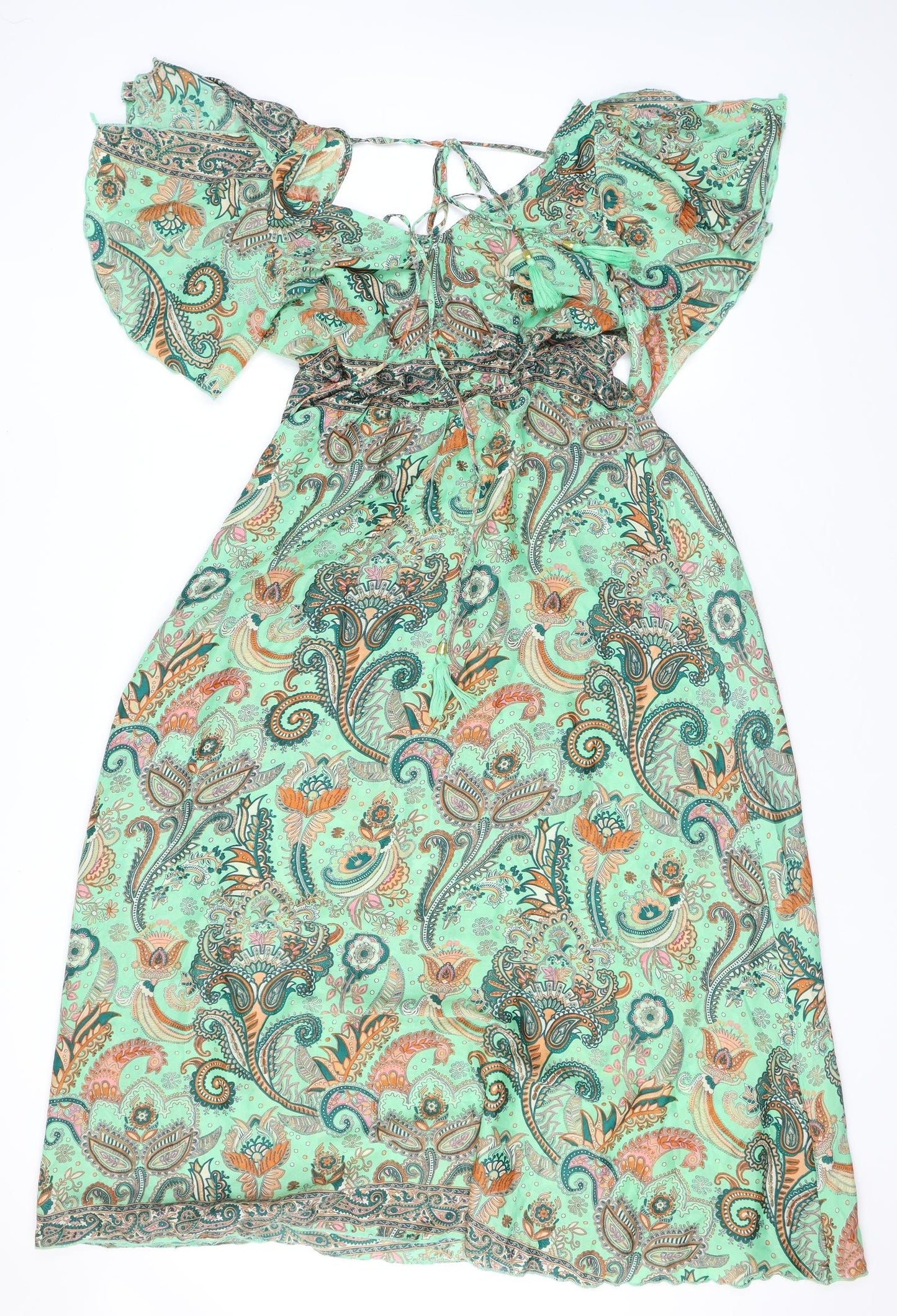 Manui Womens Green Geometric Silk A-Line One Size V-Neck Pullover