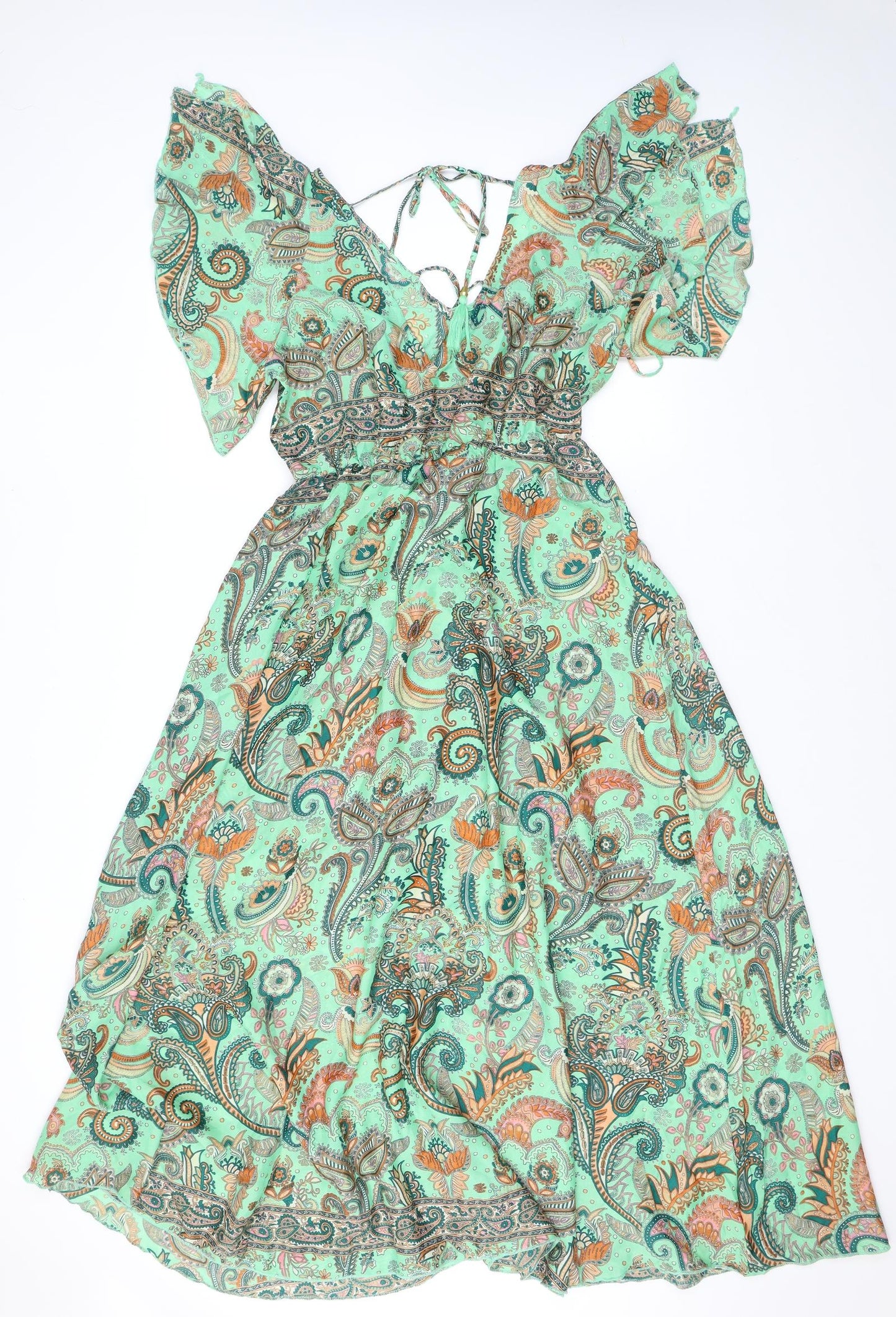 Manui Womens Green Geometric Silk A-Line One Size V-Neck Pullover