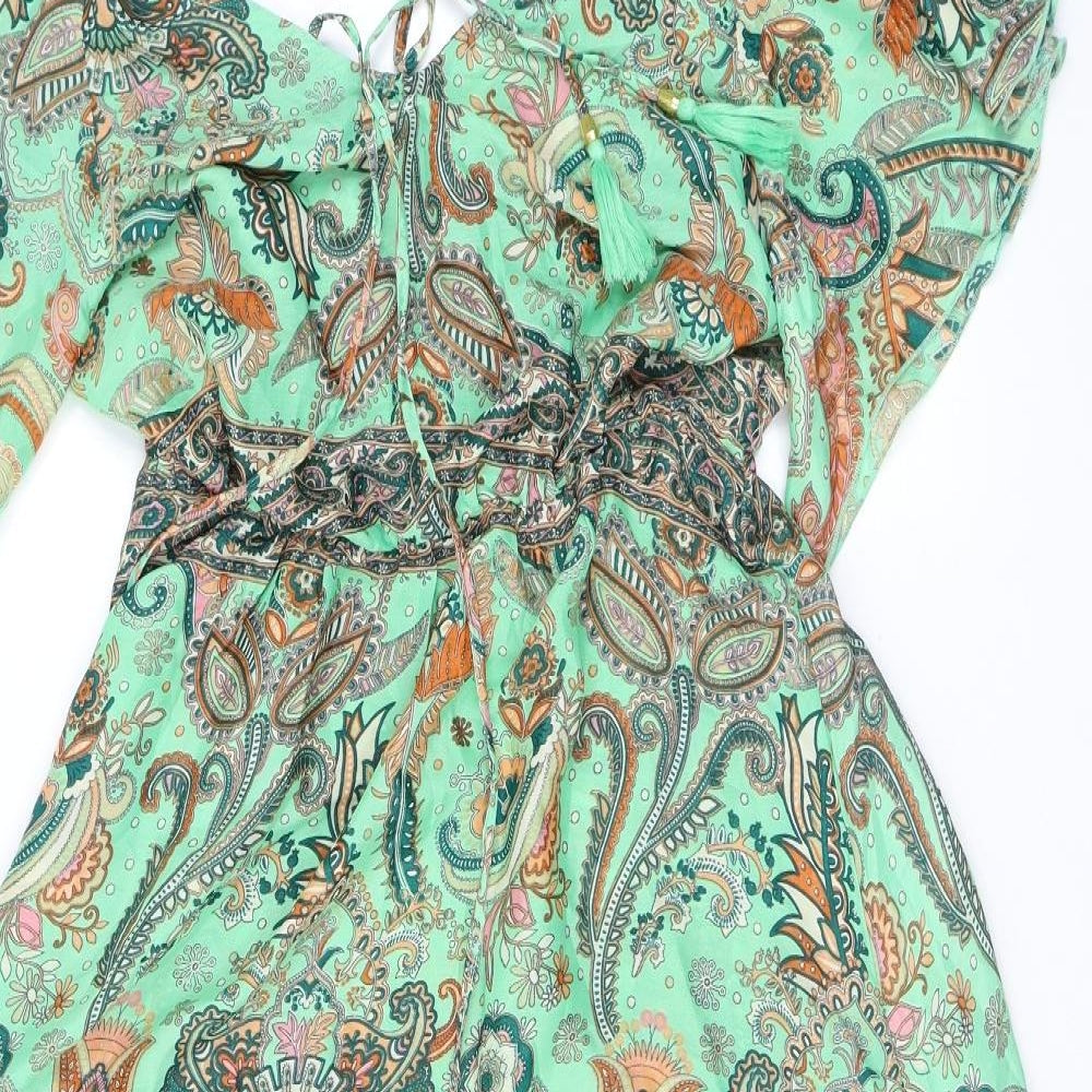 Manui Womens Green Geometric Silk A-Line One Size V-Neck Pullover