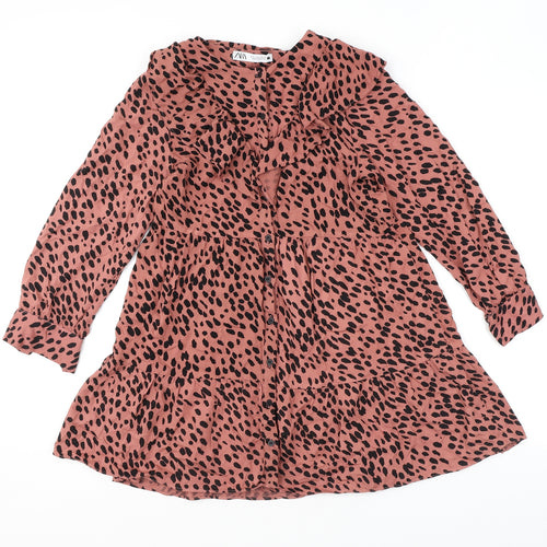 Zara Womens Pink Polka Dot Polyester A-Line Size S Round Neck Button - Frill Smocked
