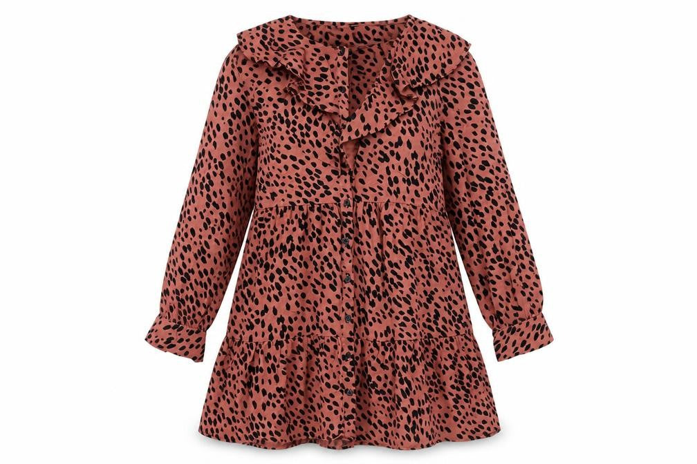 Front view of Zara women’s pink polka dot polyester a-line, size S, round neck button - frill smocked