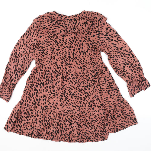 Zara Womens Pink Polka Dot Polyester A-Line Size S Round Neck Button - Frill Smocked