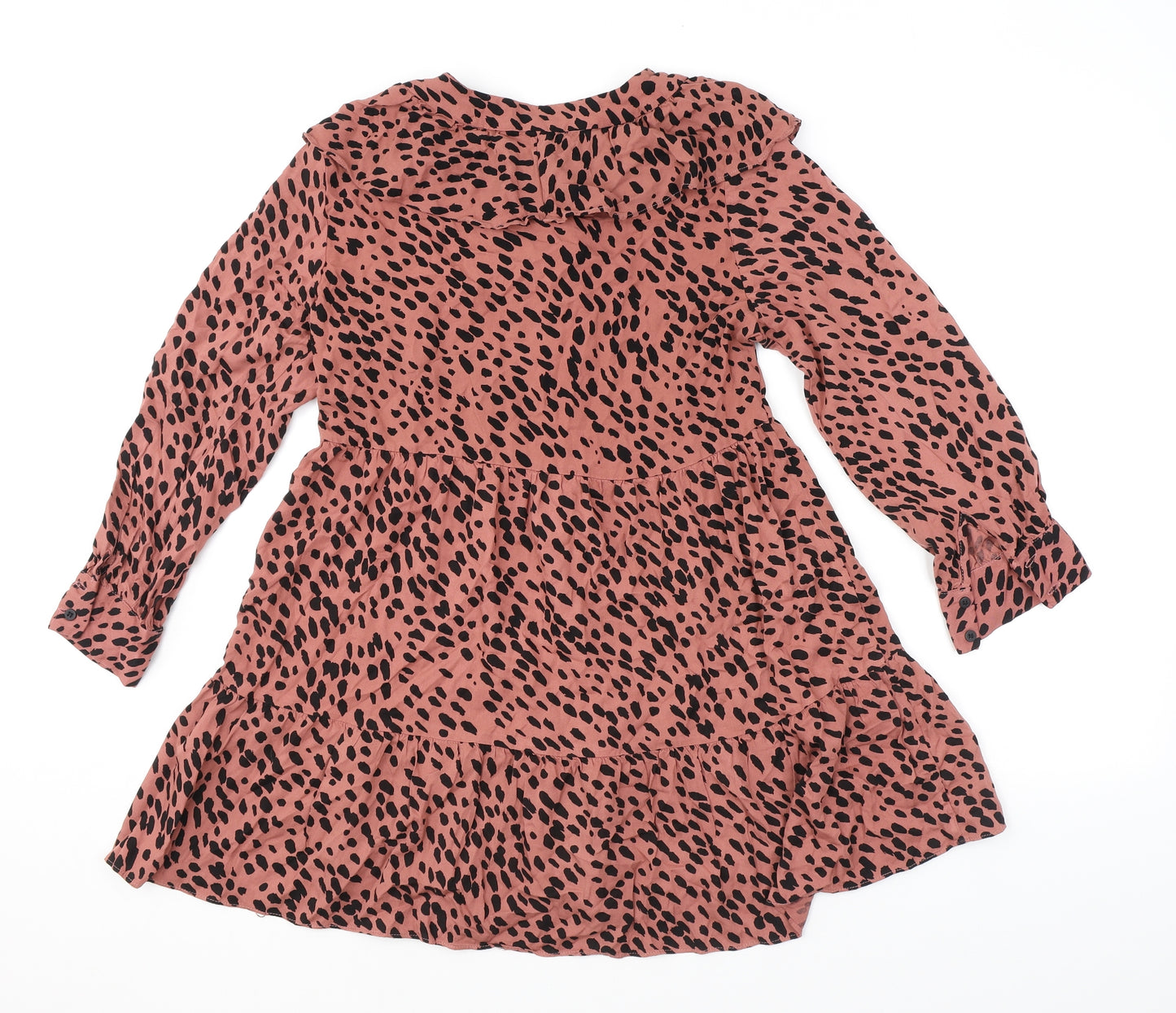 Zara Womens Pink Polka Dot Polyester A-Line Size S Round Neck Button - Frill Smocked