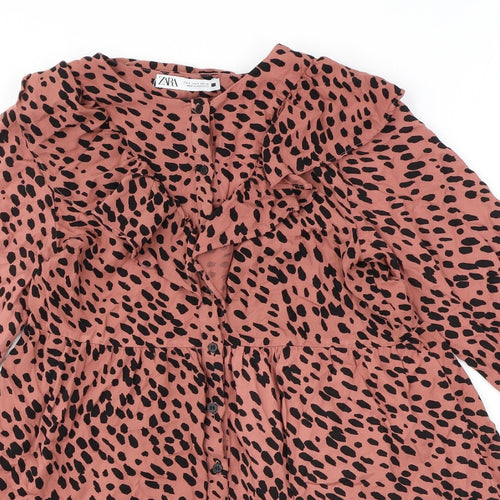 Zara Womens Pink Polka Dot Polyester A-Line Size S Round Neck Button - Frill Smocked