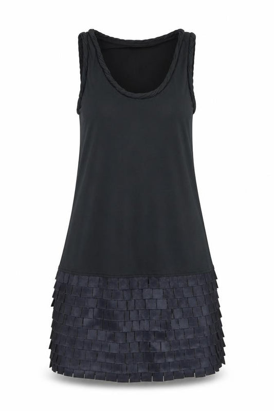 Front view of Love Label women’s black polyester tank dress, size UK 12, round neck pullover