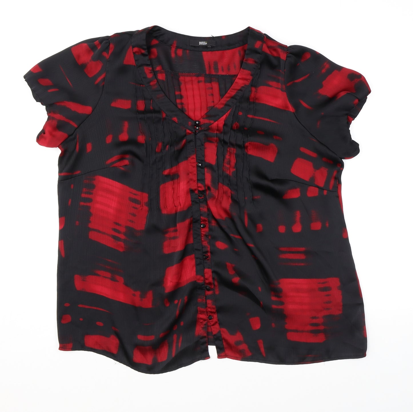 Marks and Spencer Womens Black Geometric Polyester Basic Button-Up Size 20 V-Neck