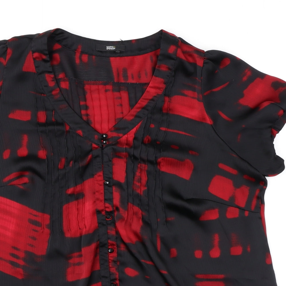 Marks and Spencer Womens Black Geometric Polyester Basic Button-Up Size 20 V-Neck