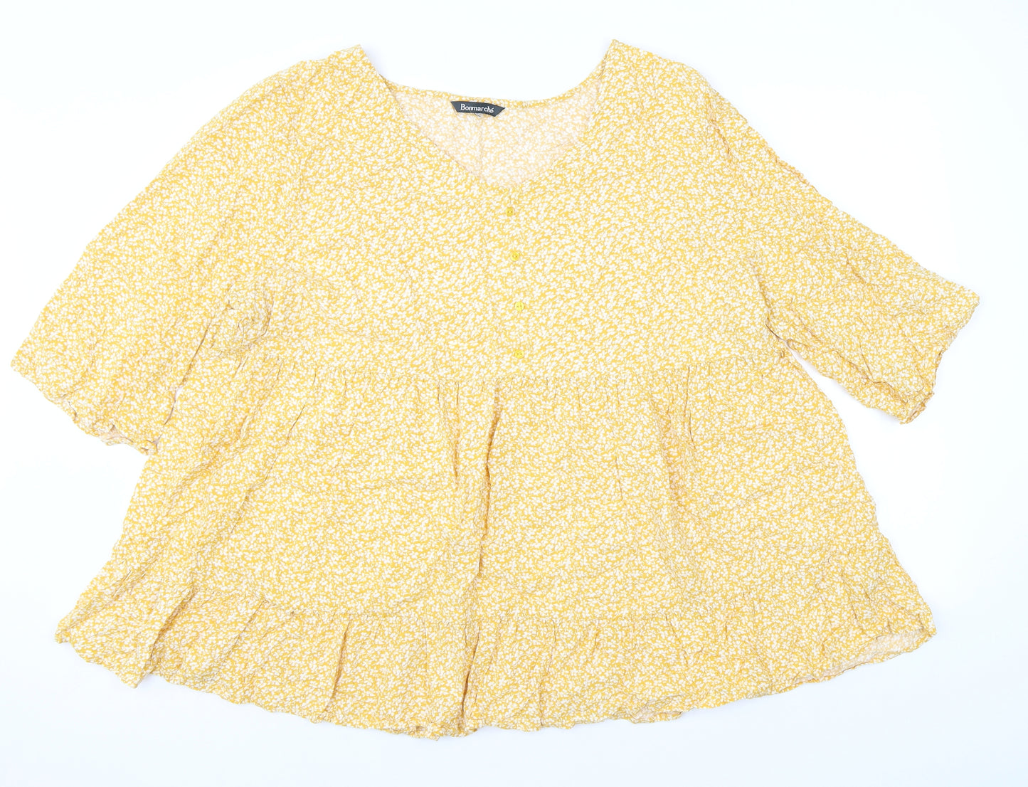 Bonmarché Womens Yellow Floral Viscose Basic Blouse Size 22 V-Neck