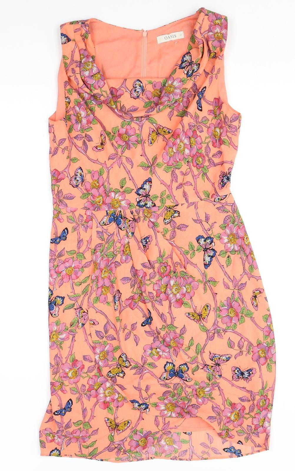 Oasis Womens Orange Geometric Polyester Shift Size 12 Cowl Neck Pullover - Butterflies and Flowers