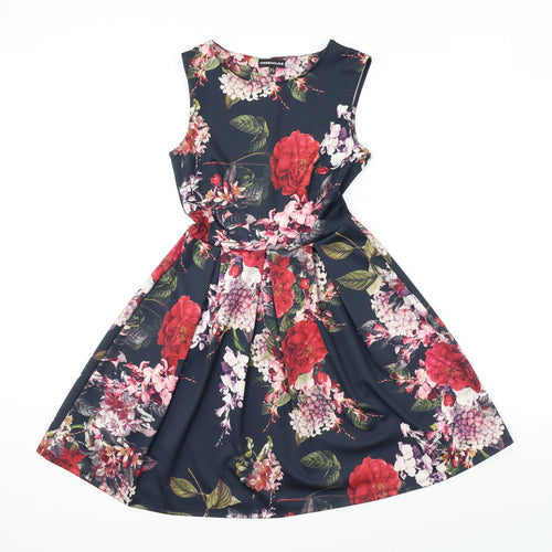 Warehouse Womens Black Floral Polyester A-Line Size 8 Round Neck Pullover