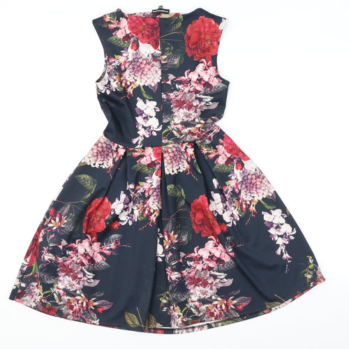 Warehouse Womens Black Floral Polyester A-Line Size 8 Round Neck Pullover