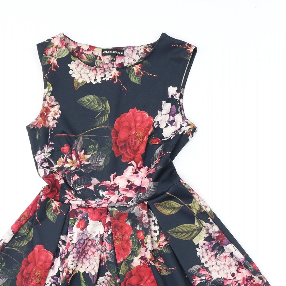 Warehouse Womens Black Floral Polyester A-Line Size 8 Round Neck Pullover