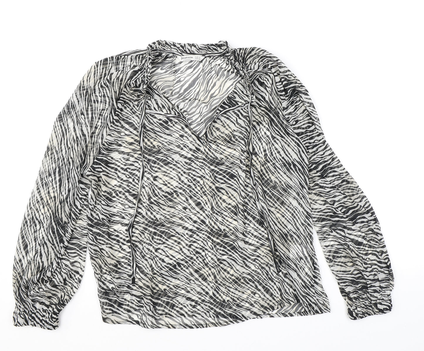 Stradivarius Womens Black Animal Print Polyester Basic Blouse Size M V-Neck