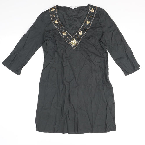 House of Fraser Womens Grey Cotton Tunic Blouse Size M V-Neck - Embellished Neckline