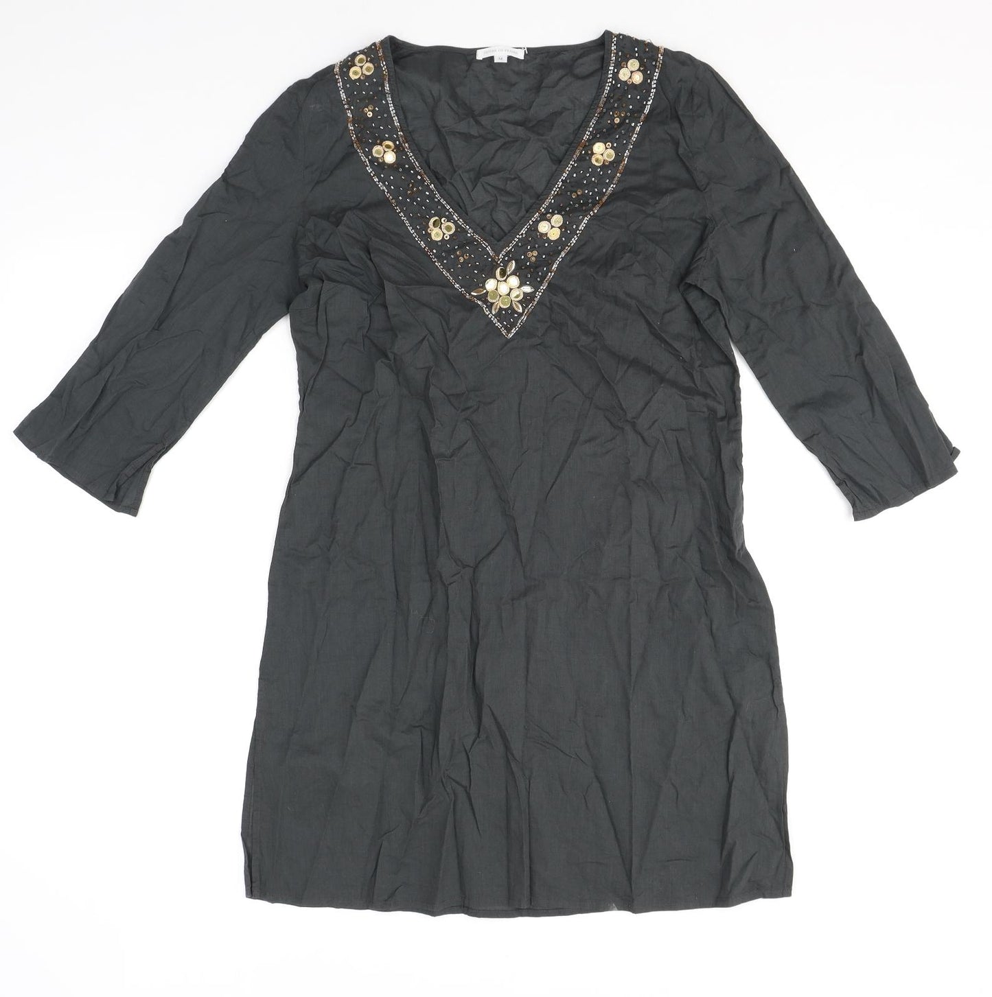House of Fraser Womens Grey Cotton Tunic Blouse Size M V-Neck - Embellished Neckline