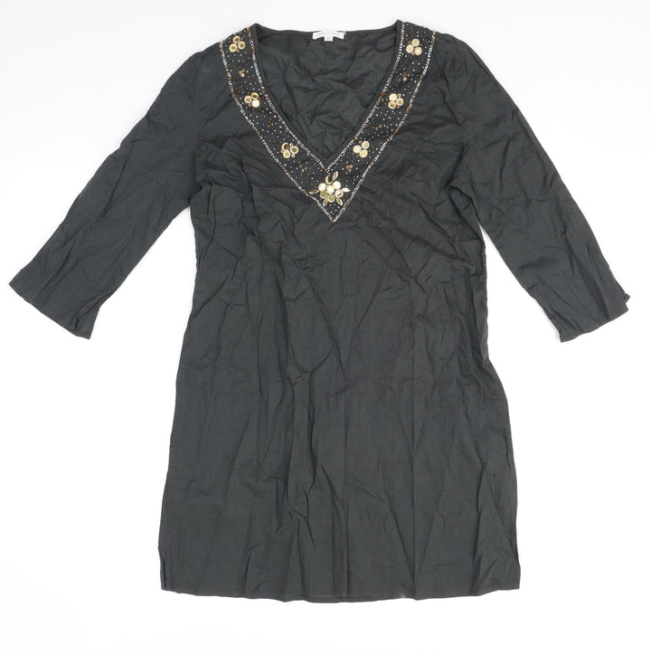House of Fraser Womens Grey Cotton Tunic Blouse Size M V-Neck - Embellished Neckline