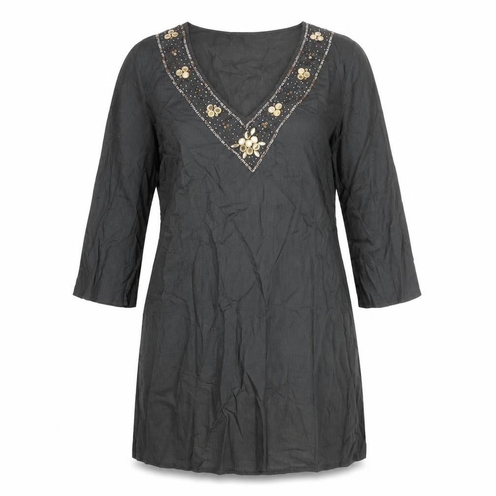 House of Fraser Womens Grey Cotton Tunic Blouse Size M V-Neck - Embellished Neckline