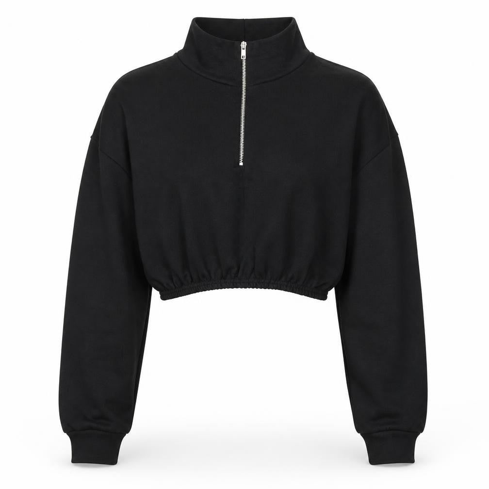 Front view of PRETTYLITTLETHING women’s black polyester pullover sweatshirt, size UK 10, zip