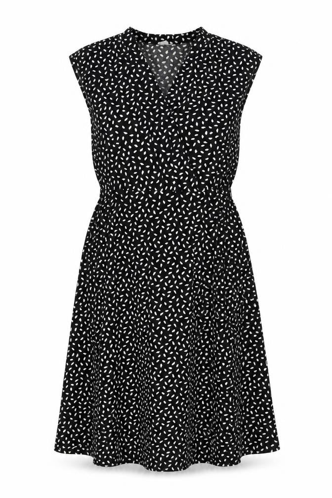 Front view of H&M women’s black geometric polyester a-line, size M, v-neck pullover