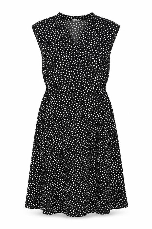 Front view of H&M women’s black geometric polyester a-line, size M, v-neck pullover