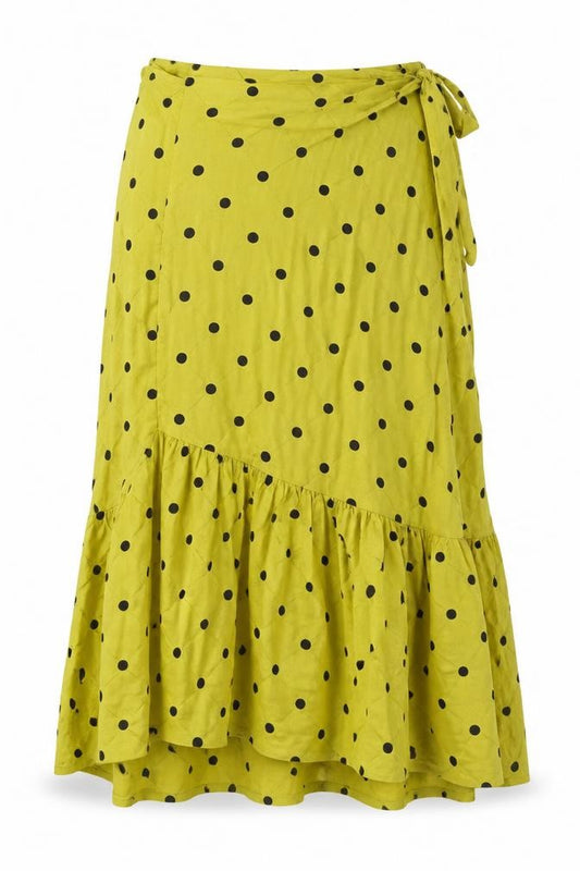 Front view of Miss Selfridge women’s green polka dot viscose wrap skirt, size UK 4, tie