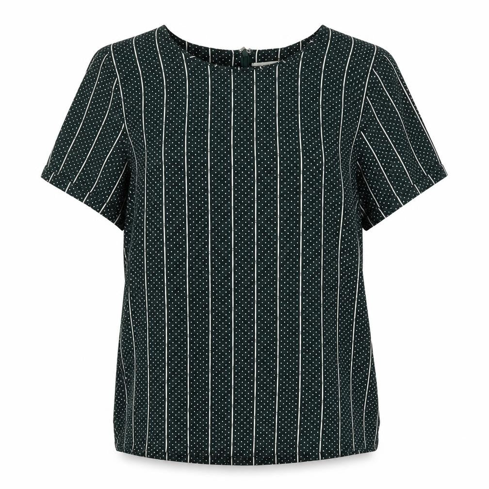 Front view of Moves women’s green striped viscose basic blouse, size UK 6, boat neck