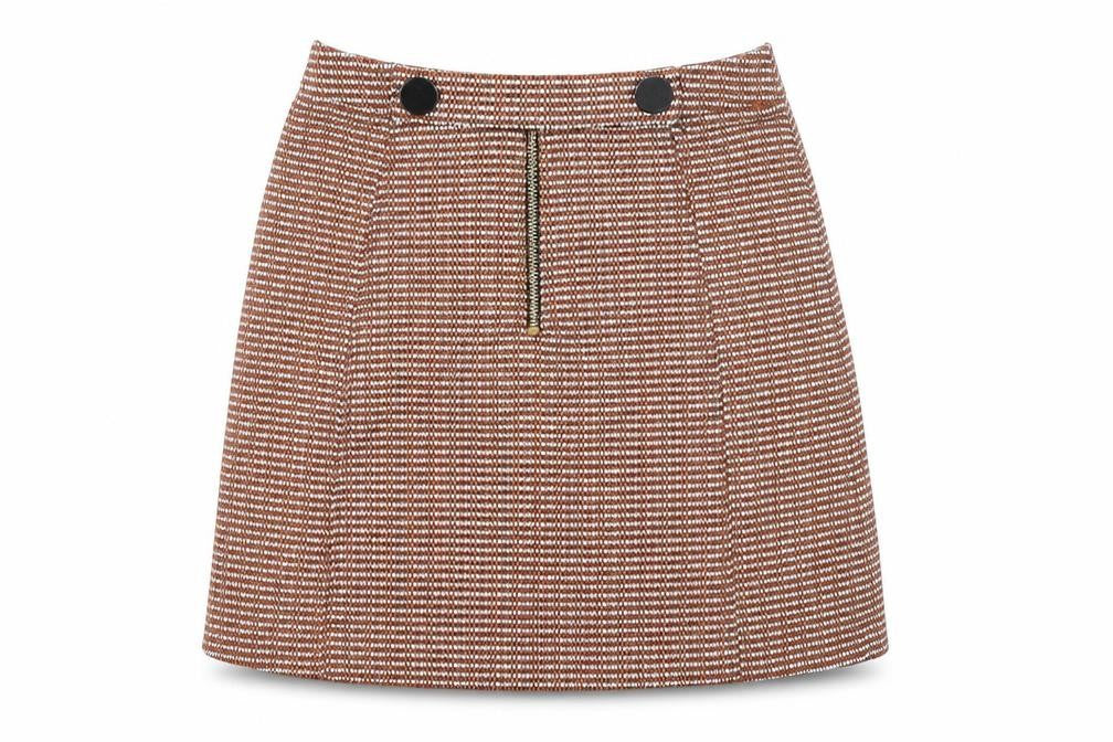 Front view of Topshop women’s ivory geometric polyester a-line skirt, size UK 6, zip