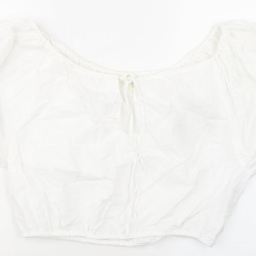 H&M Womens White Linen Cropped Blouse Size M Boat Neck