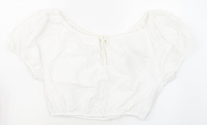 H&M Womens White Linen Cropped Blouse Size M Boat Neck