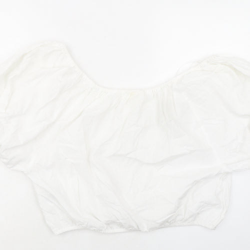 H&M Womens White Linen Cropped Blouse Size M Boat Neck