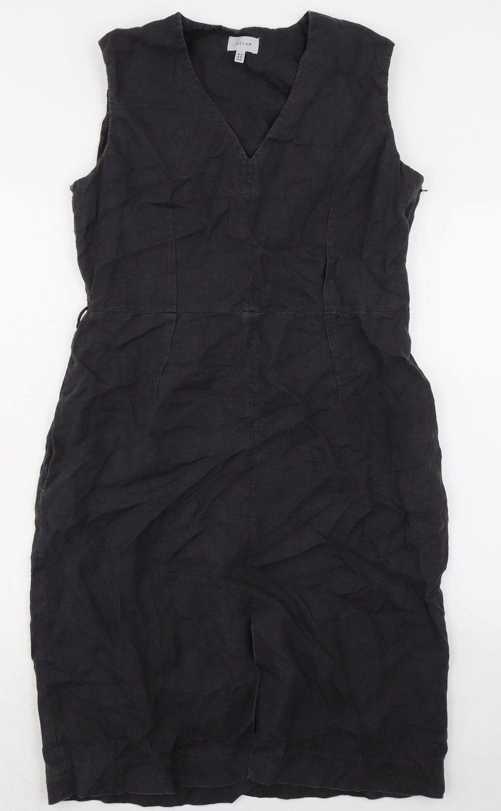 Jigsaw Womens Black Linen Pencil Dress Size 14 V-Neck Zip