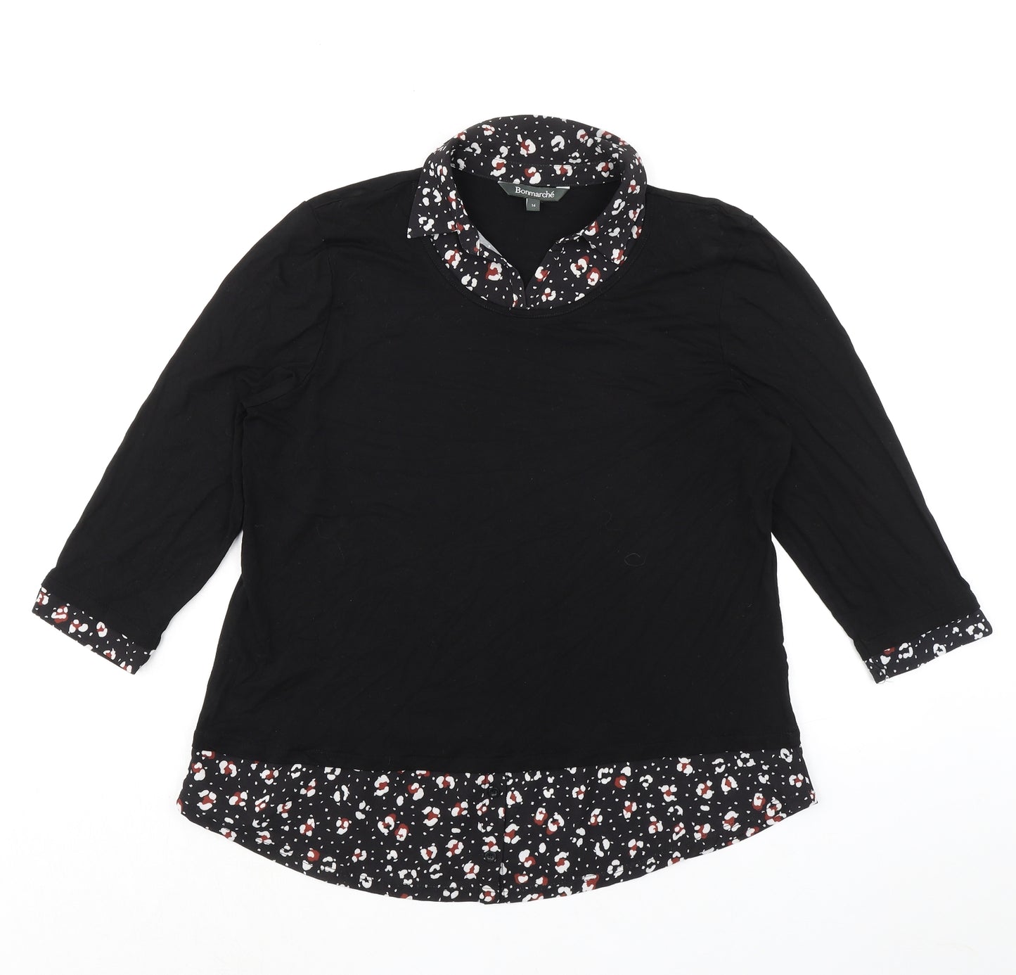 Bonmarché Womens Black Floral Viscose Basic Blouse Size 16 Collared
