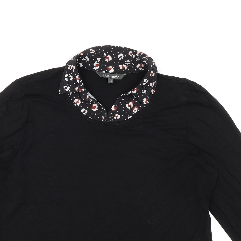 Bonmarché Womens Black Floral Viscose Basic Blouse Size 16 Collared