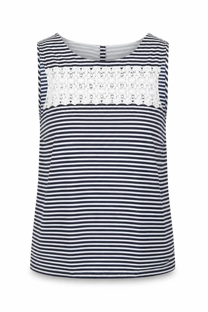 Front view of Dorothy Perkins women’s blue striped polyester basic tank, size UK 8, round neck
