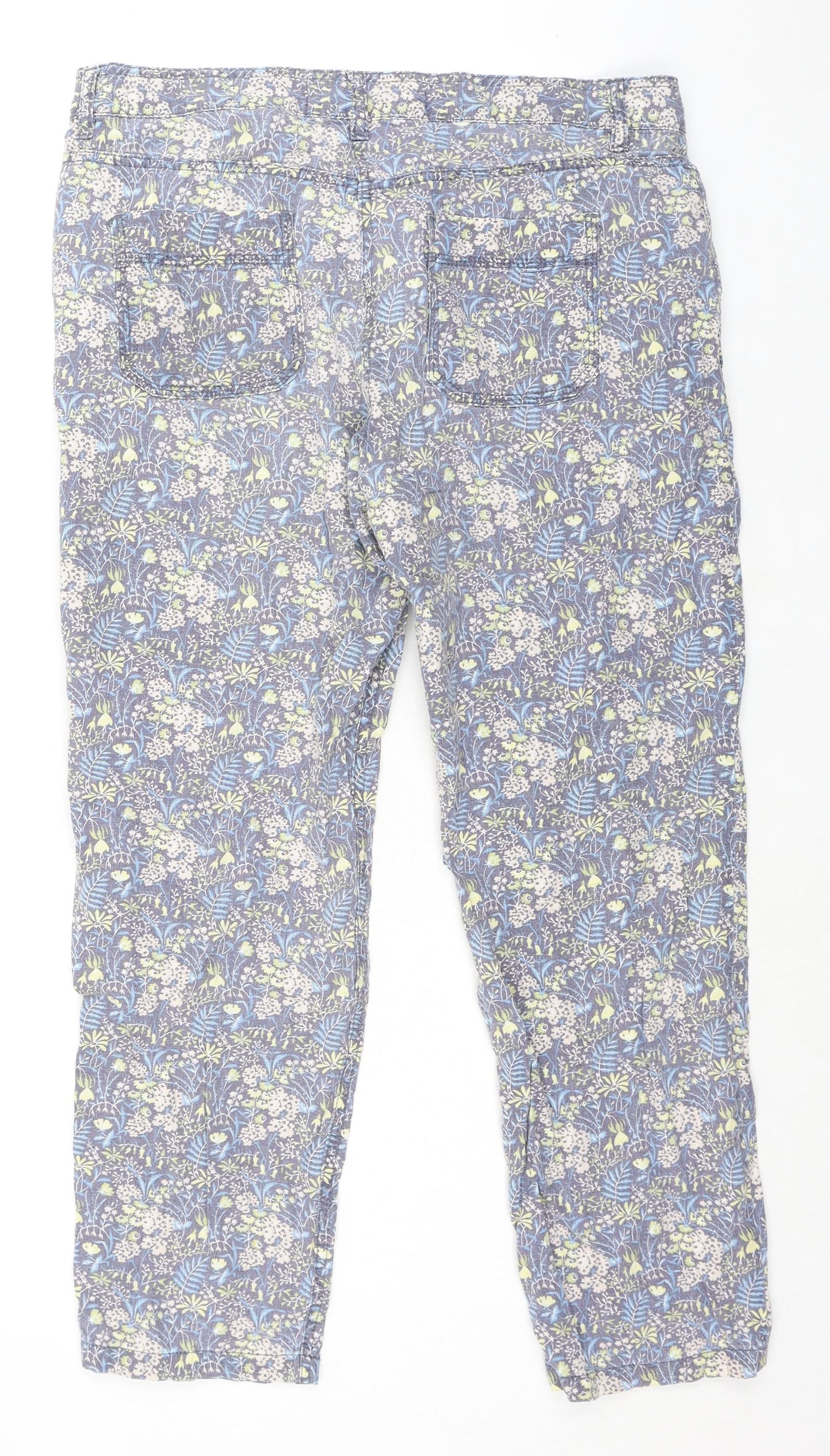 NEXT Womens Multicoloured Floral Linen Trousers Size 14 L28 in Regular Zip