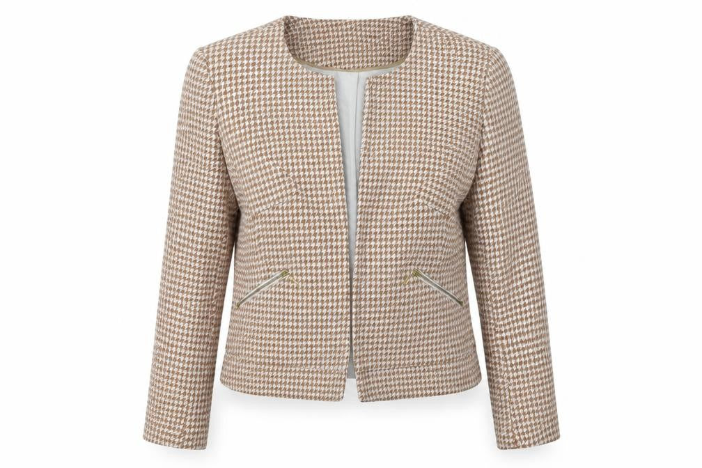 Front view of Dorothy Perkins women’s beige geometric jacket, size UK 8
