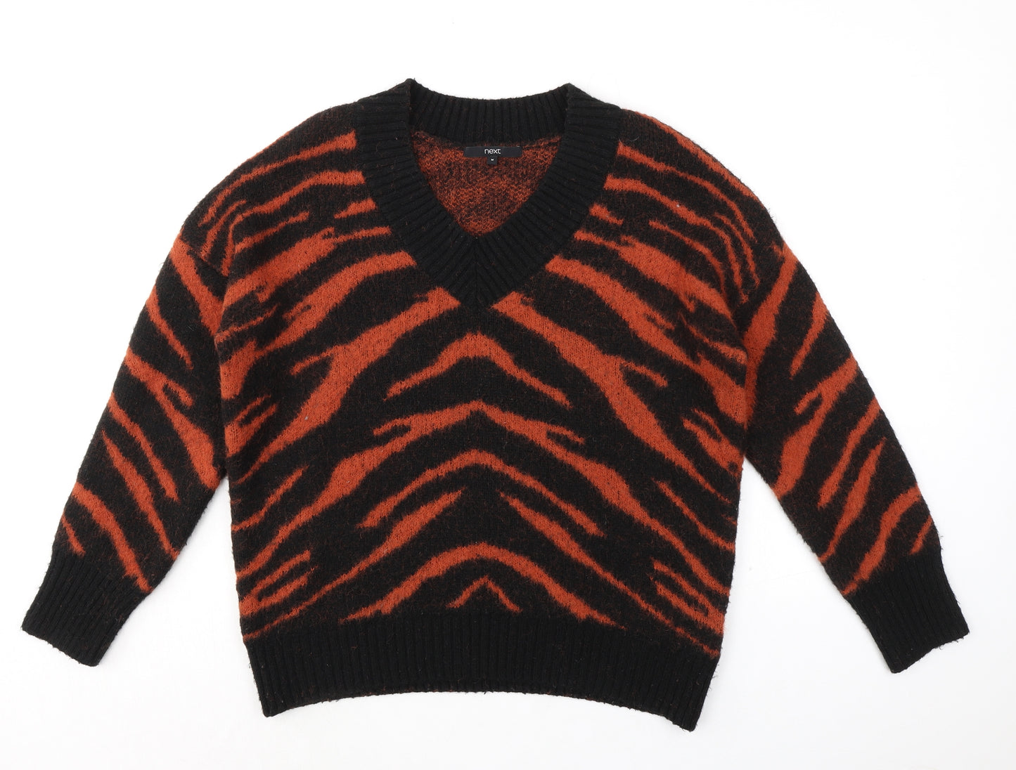 NEXT Womens Black V-Neck Animal Print Acrylic Pullover Jumper Size M - Tiger pattern