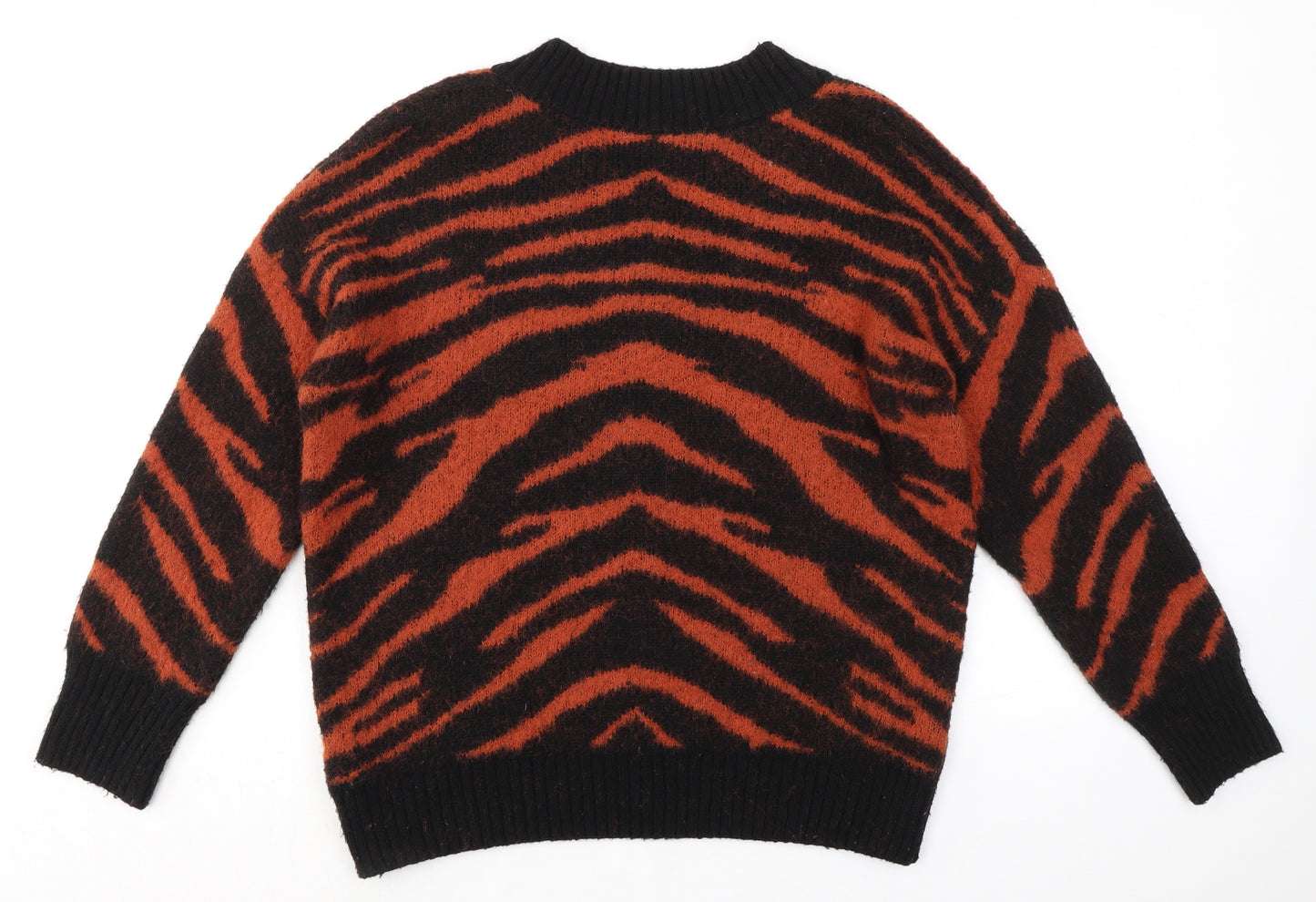 NEXT Womens Black V-Neck Animal Print Acrylic Pullover Jumper Size M - Tiger pattern