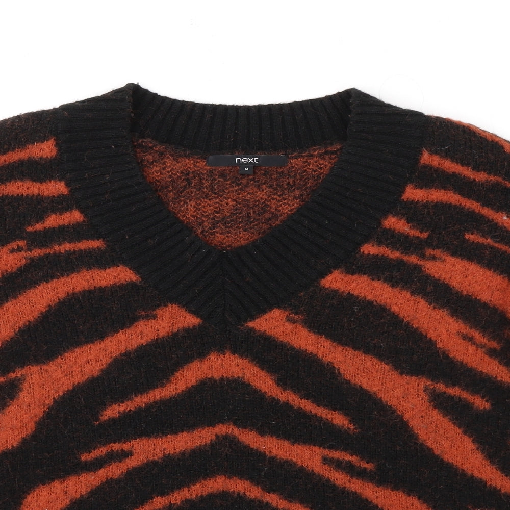 NEXT Womens Black V-Neck Animal Print Acrylic Pullover Jumper Size M - Tiger pattern