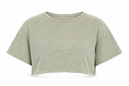 Front view of H&M women’s green polyester cropped t-shirt, size S, crew neck