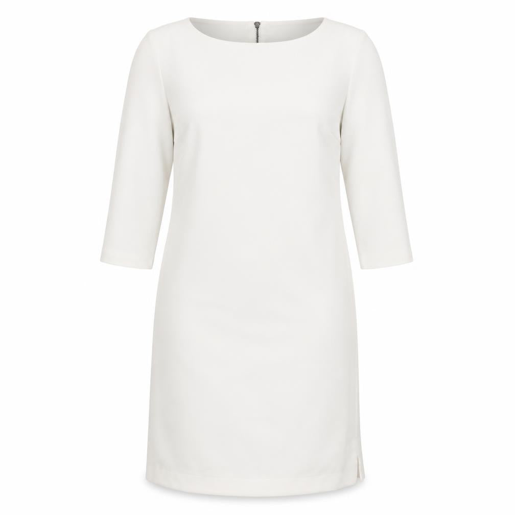Front view of French Connection women’s white polyester shift, size UK 10, round neck zip