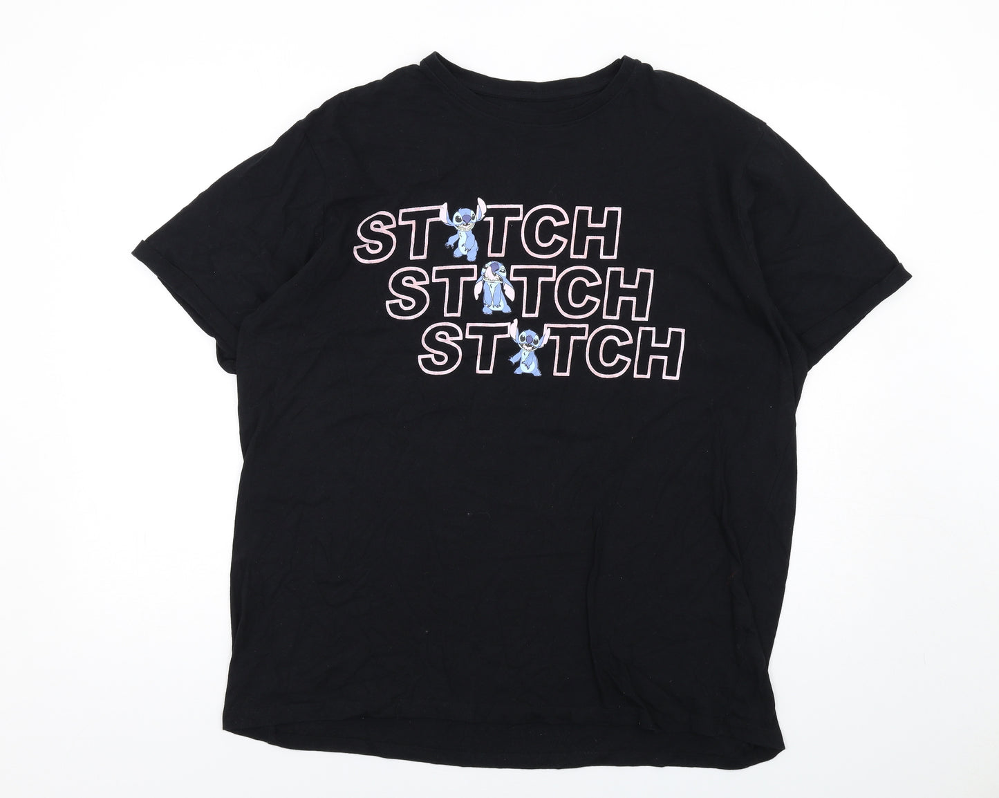 Disney Womens Black Cotton Basic T-Shirt Size L Crew Neck - Stitch