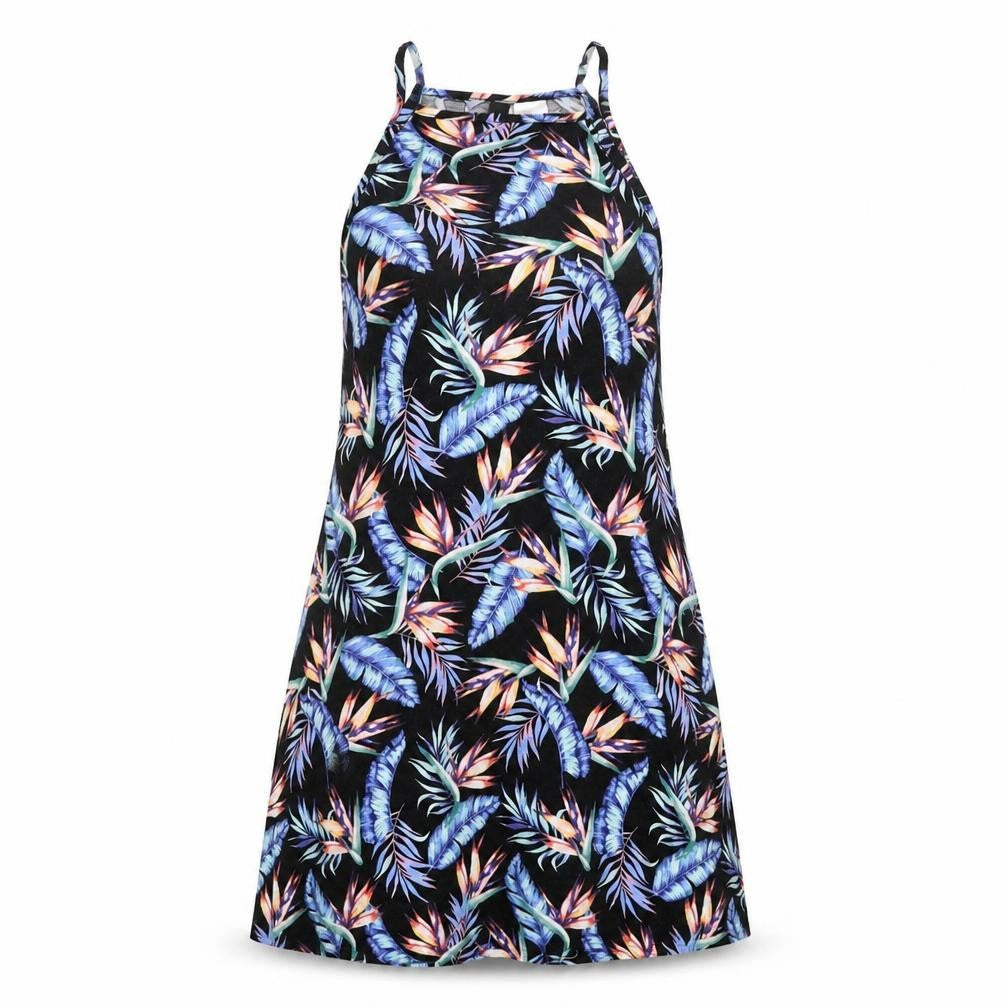 Front view of H&M women’s multicoloured geometric viscose tank dress, size UK 6, square neck pullover
