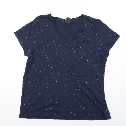 ICHI Womens Blue Geometric Cotton Basic T-Shirt Size L V-Neck
