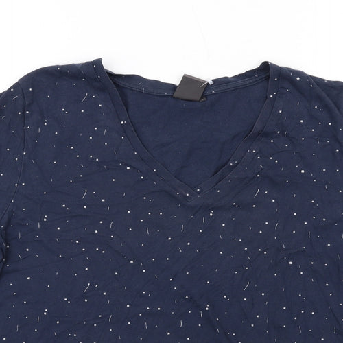 ICHI Womens Blue Geometric Cotton Basic T-Shirt Size L V-Neck