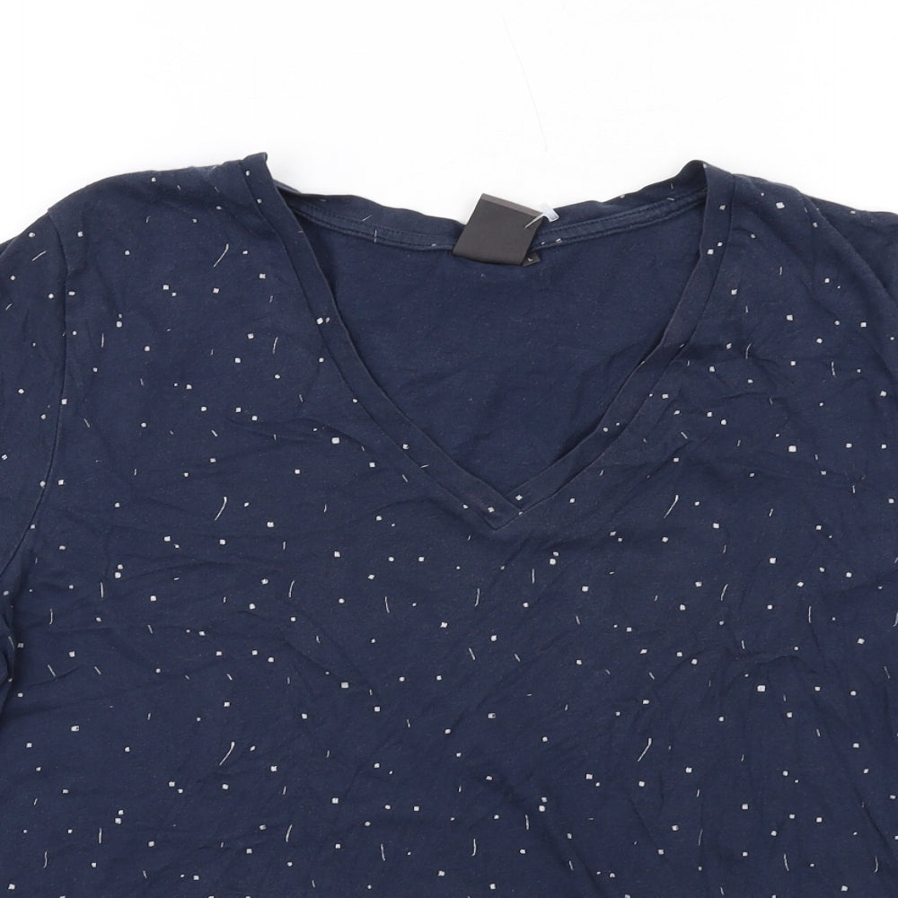 ICHI Womens Blue Geometric Cotton Basic T-Shirt Size L V-Neck