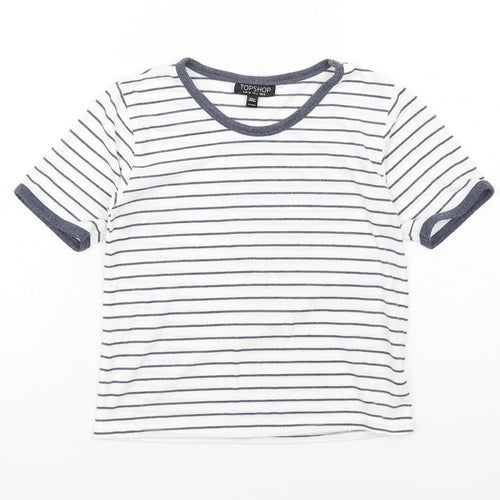 Topshop Womens White Striped Polyester Basic T-Shirt Size 6 Round Neck