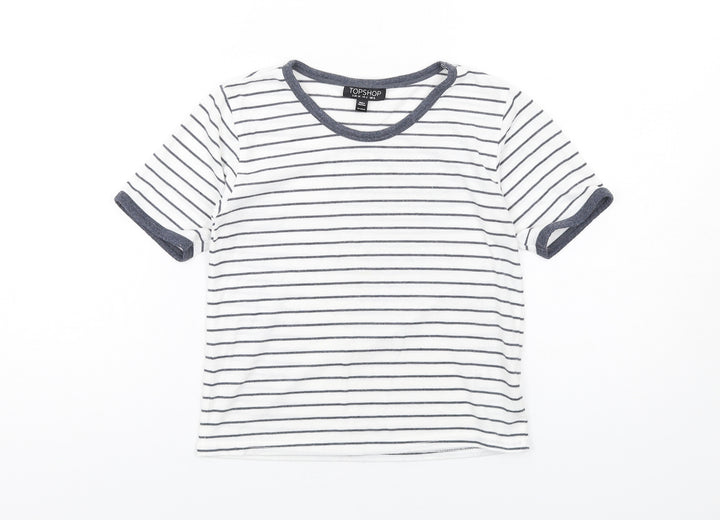 Topshop Womens White Striped Polyester Basic T-Shirt Size 6 Round Neck